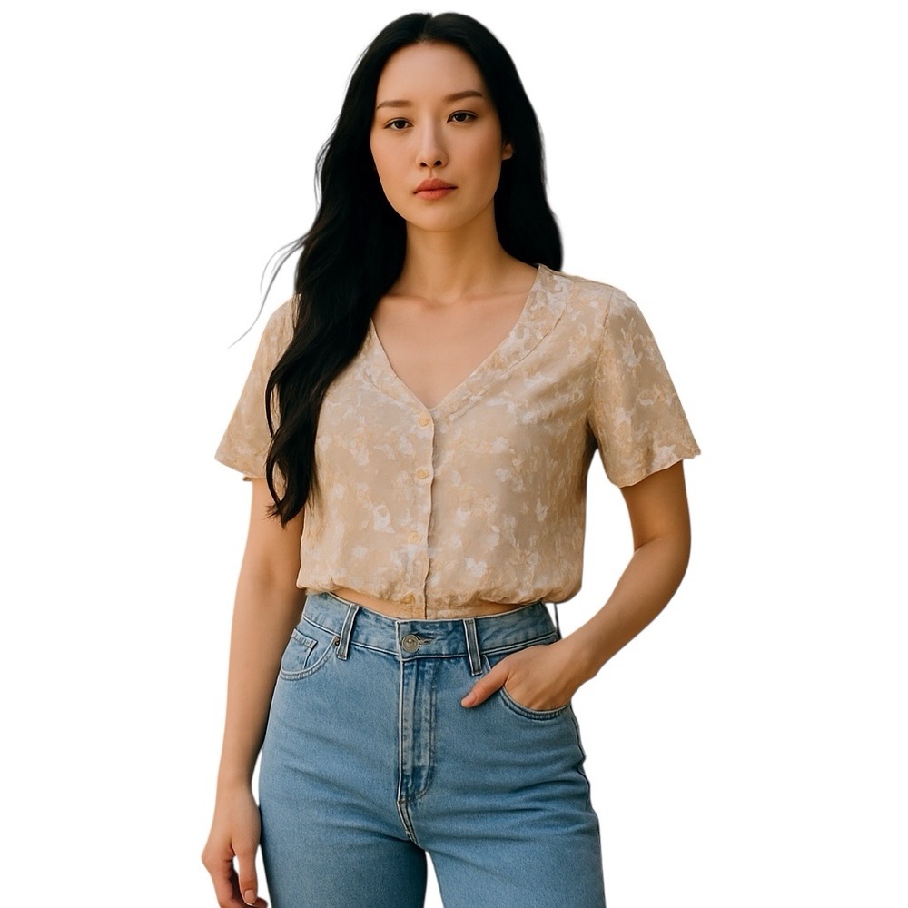 BERSHKA DAISIES FLORAL BUTTON DOWN CROPPED BABY DOLL TOP VNECK TOP